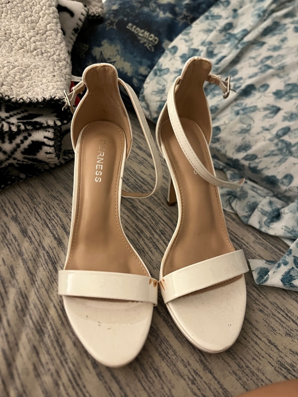 BERNESS Ivory Patent Open-Toe Ankle Strap Heels